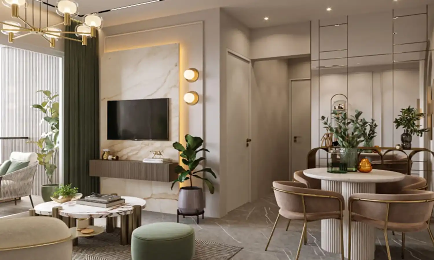 Living room with orange sofa and wooden partition